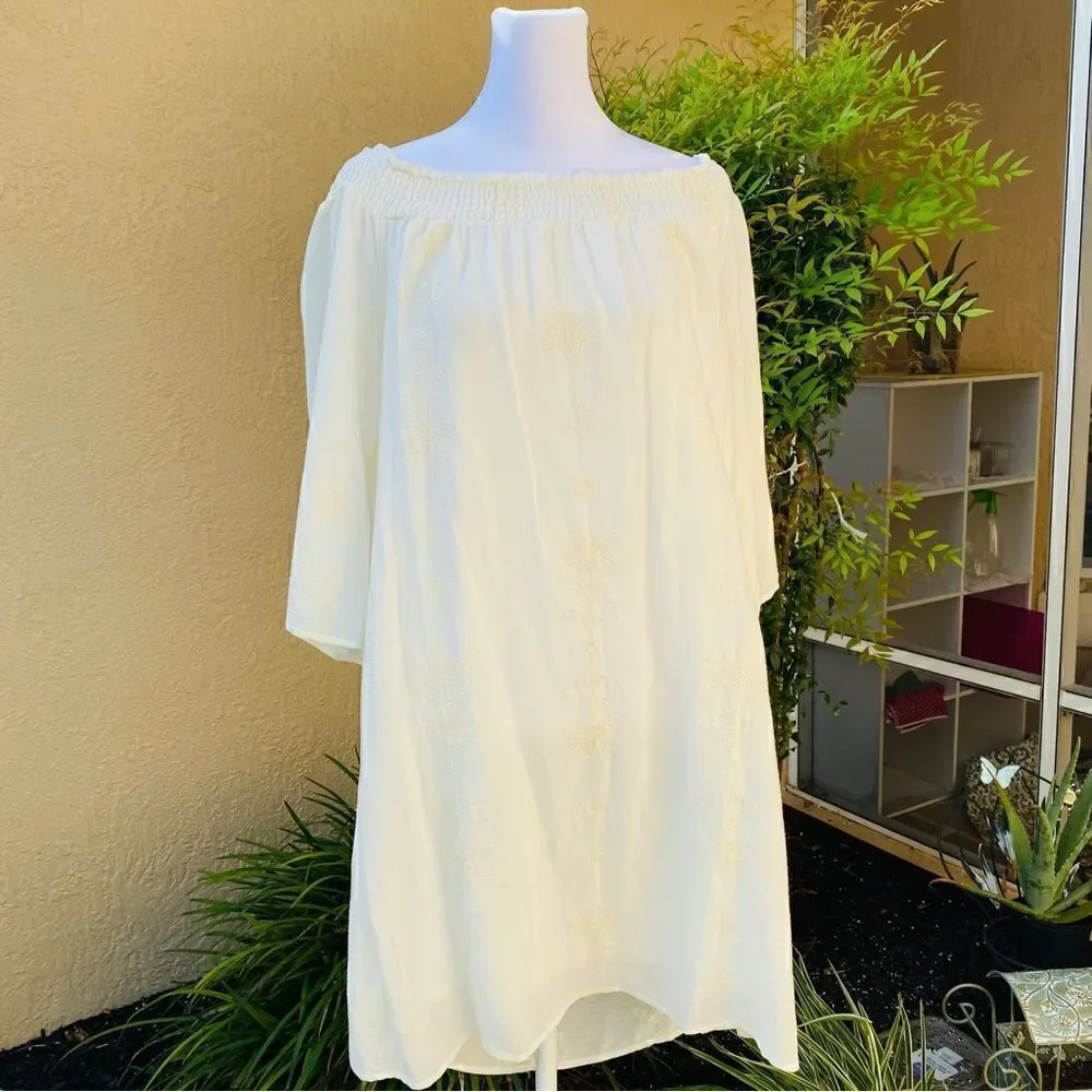 SEQUIN HEARTS OFF WHITE/IVORY WHIMSICAL PRINT OFF THE SHOULDER DRESS NWT